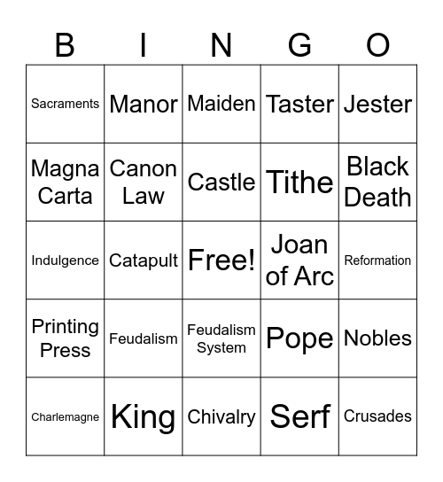 Middle Ages Bingo Card