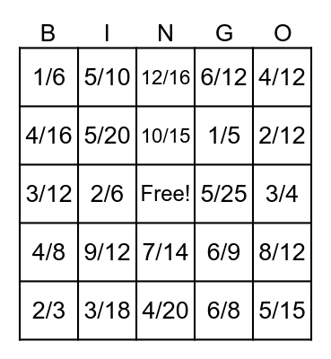 Fraction Bingo Card