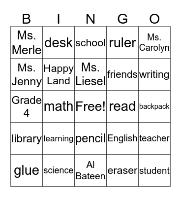 Back to School! Bingo Card