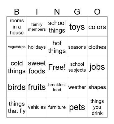 Categories Bingo Card