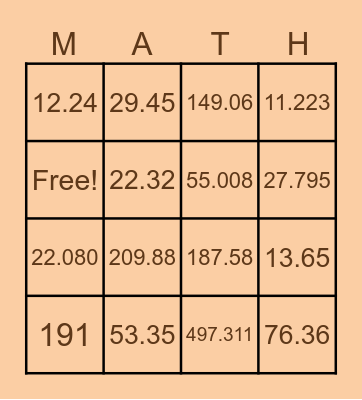 Multiplication Bingo Card