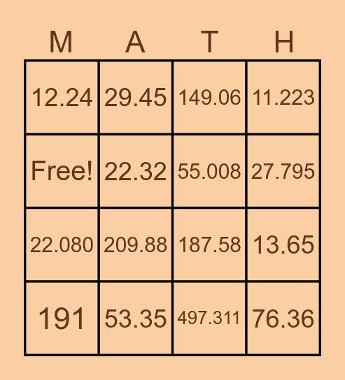 Multiplication Bingo Card