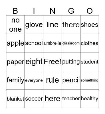 Vocabulary Bingo Card