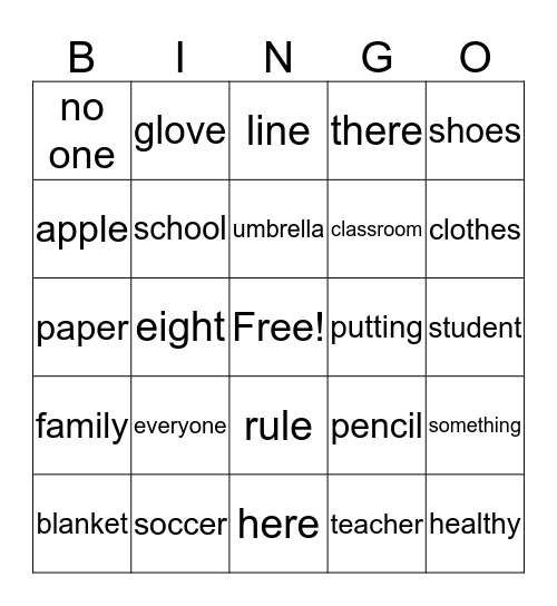 Vocabulary Bingo Card