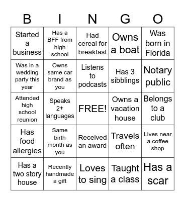 Get to know you Bingo Card