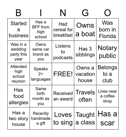 Get to know you Bingo Card