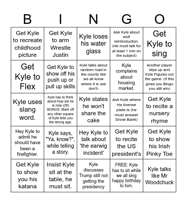 Kyles Birthday Bingo Card
