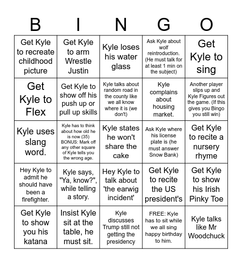 Kyles Birthday Bingo Card