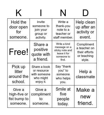 Kindness Bingo Card