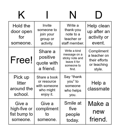 Kindness Bingo Card