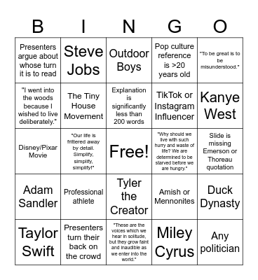 Transcendentalism Pop Culture Bingo Card