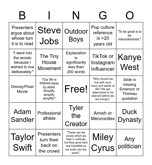 Transcendentalism Pop Culture Bingo Card