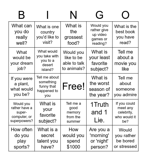 ESL Conversation Bingo Card