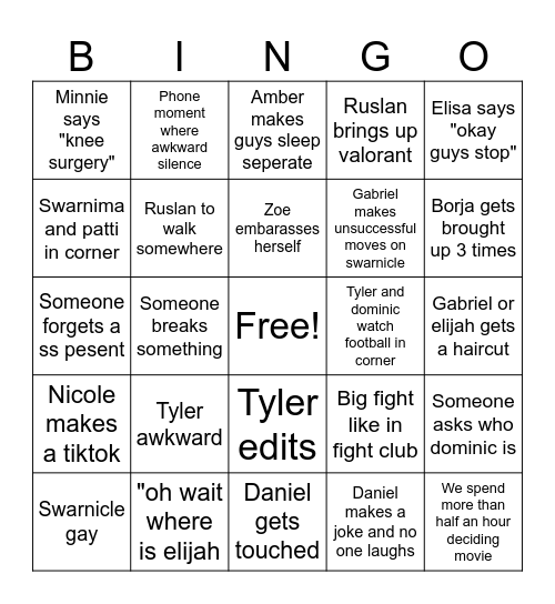 Sleepover Bingo Card