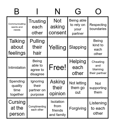 Healthy Vs. Unhealthy romantic relationships Bingo Card