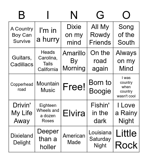 80s Country Bingo Card