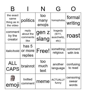 YT SHORTS COMMENT SECTION BINGO Card