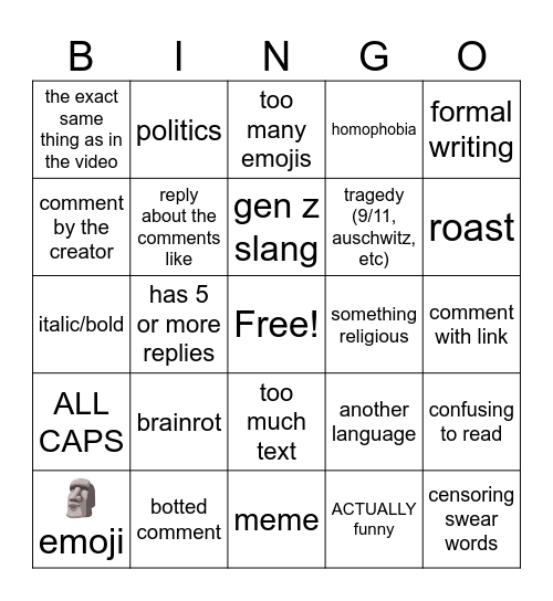 YT SHORTS COMMENT SECTION BINGO Card