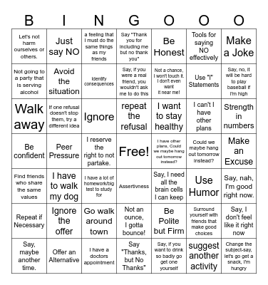 Refusal Skills Bingo Card