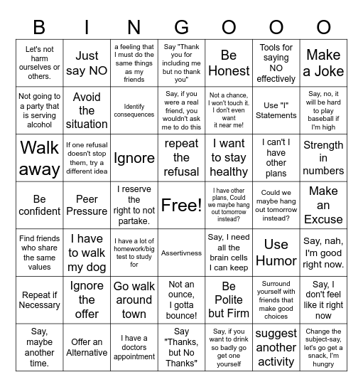 Refusal Skills Bingo Card