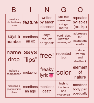 Taylor Swift song bingo Card