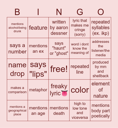 Taylor Swift song bingo Card