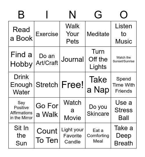 Relaxation Skill Bingo Card