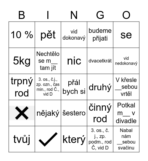 Opakovačka (slovesa, zájmena, číslovky) Bingo Card