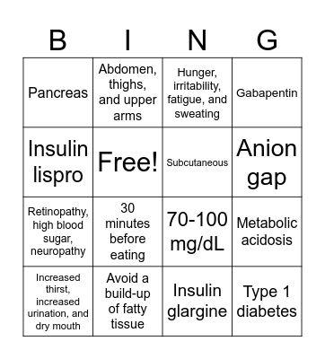 Type 1 Diabetes Bingo Card