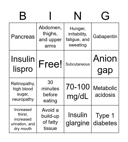 Type 1 Diabetes Bingo Card