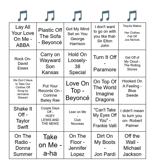 SONGS WITH "ON/OFF" IN THE TITLE Bingo Card