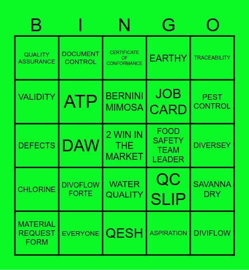 QUALITY BINGO Card