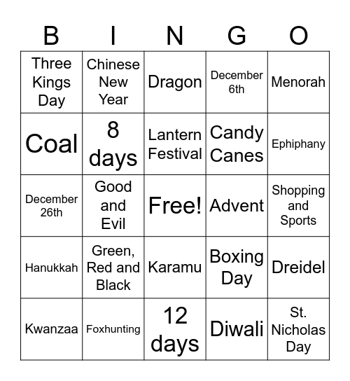 Holidays Around the World Bingo Card