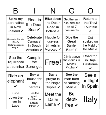 Bucket list Bingo Card
