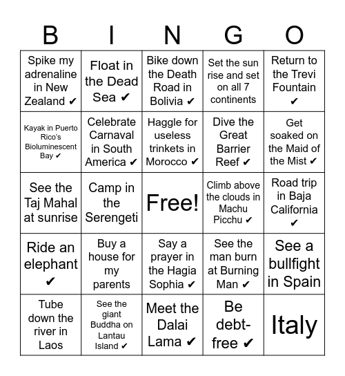 Bucket list Bingo Card