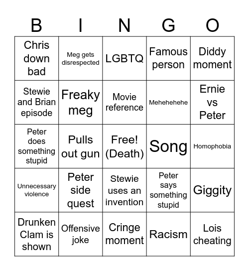 Family guy bingo Card