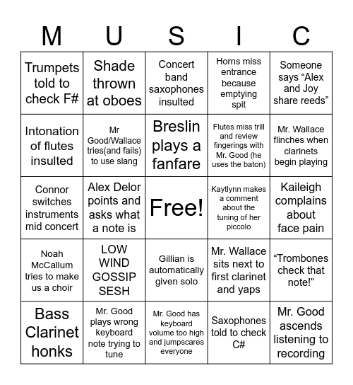 SYMPHONIC BAND BINGO Card