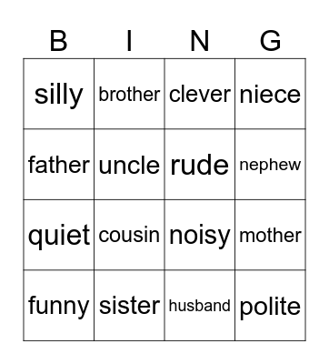 Family and Character adjectives Bingo Card