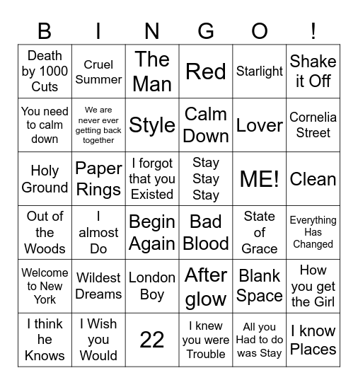 Taylor Swift Birthday BINGO Card