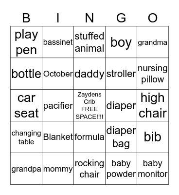 Zayden's Bingo  Bingo Card