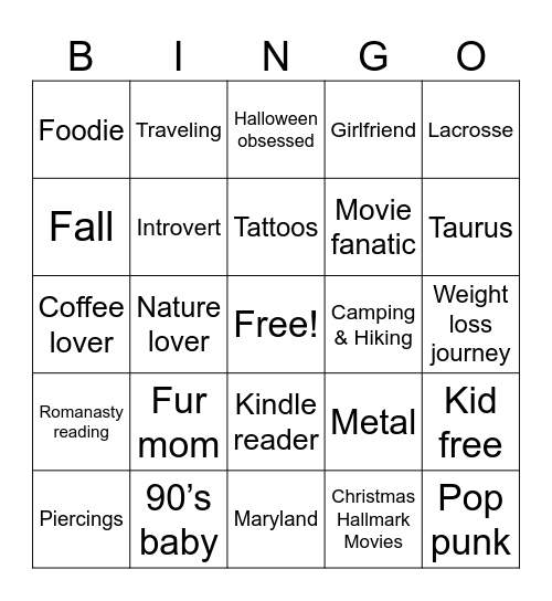 About me! Bingo Card