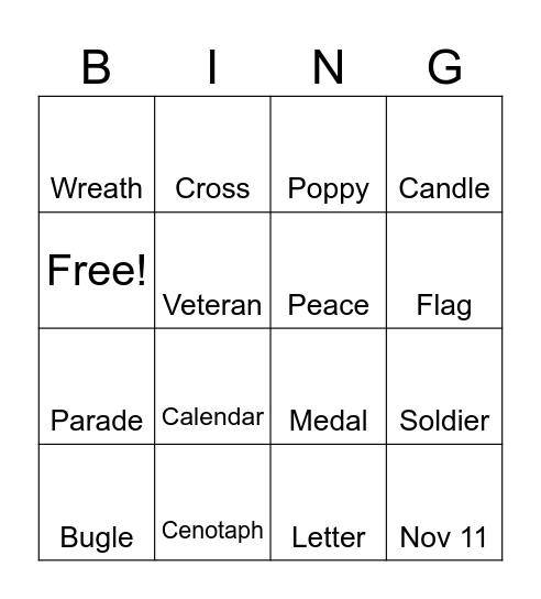 Remembrance Day Bingo Card