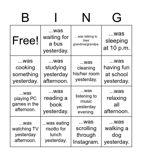 Past continuous - bingo Card