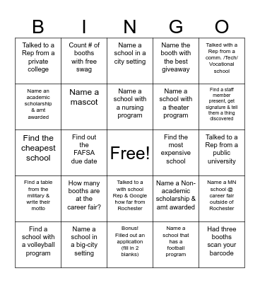 College/Career Fair BINGO! Bingo Card