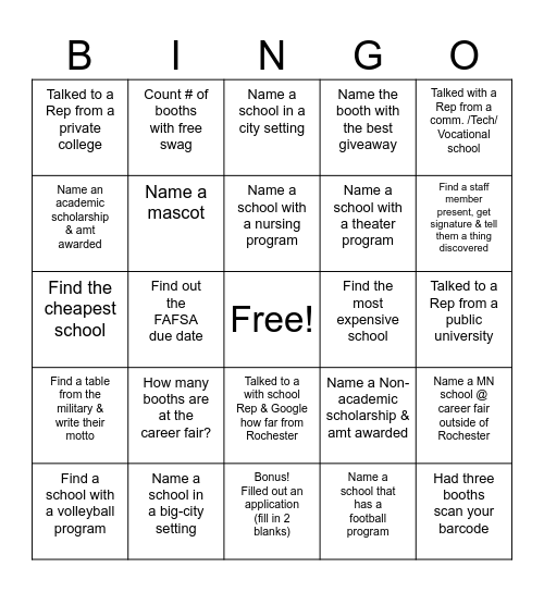 College/Career Fair BINGO! Bingo Card