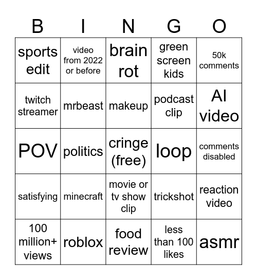 YouTube shorts bingo Card