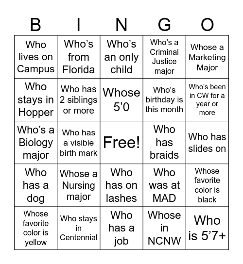 Find a Collegiate Who… Bingo Card