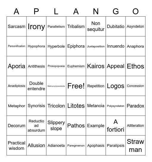 RHETORICAL ANALYSIS Bingo Card