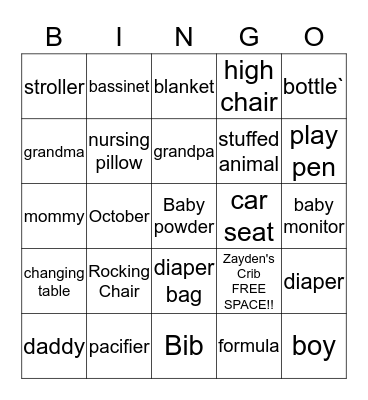 Zayden's Bingo Card