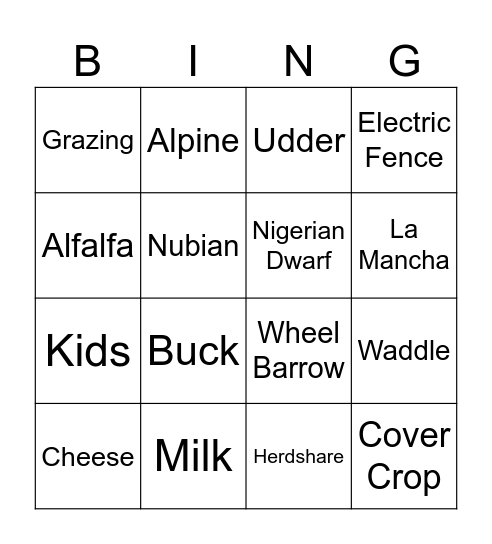 Dairy Bingo! Bingo Card